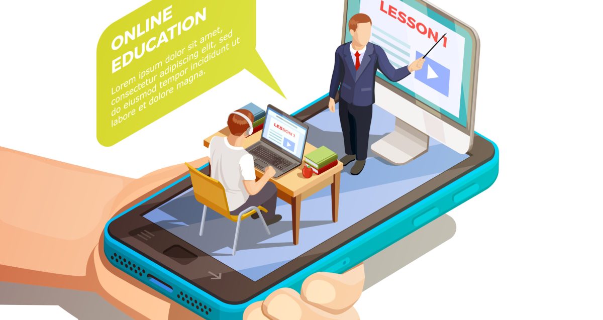 Online education isometric concept with hand holding smartphone with teacher and student on top of screen vector illustration