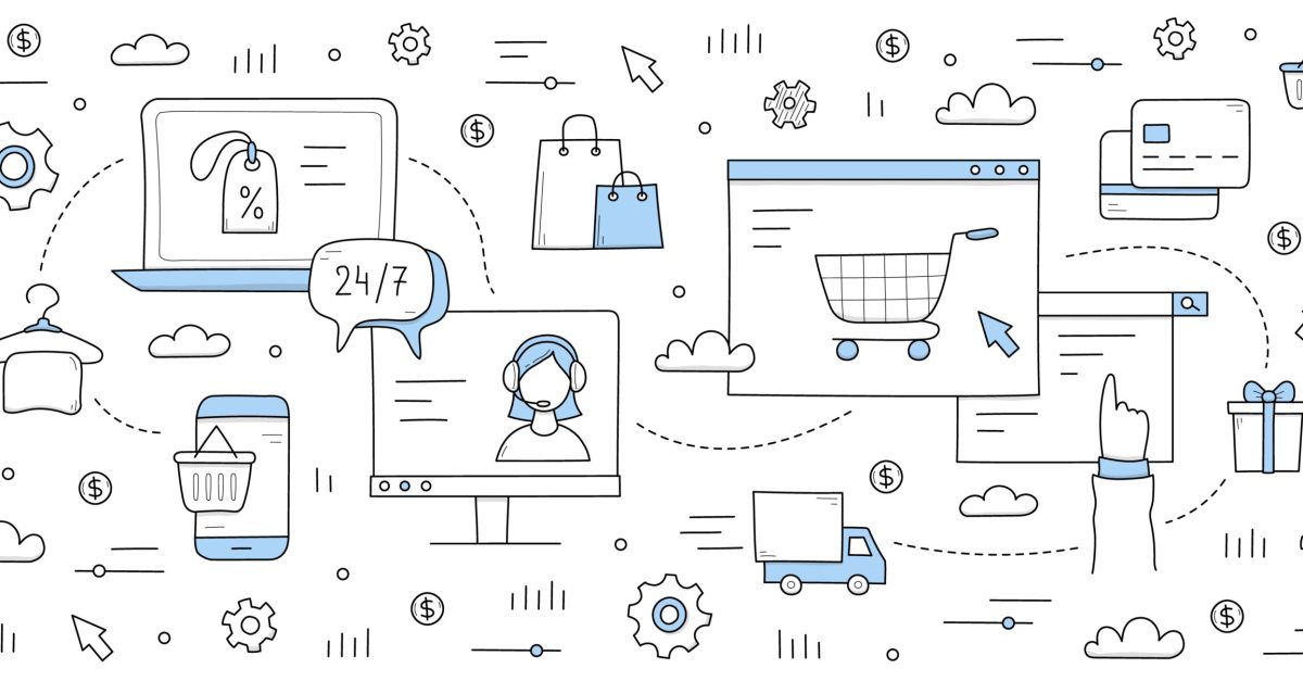 E-commerce background with doodle signs of web store sale, payment, delivery and customer support. Vector hand drawn illustration of internet retail service with basket, phone, bags, truck